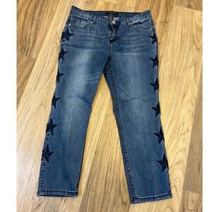 Baccini Women Blue Star Applique Straight Leg Crop Jeans Size 10 Medium Wash
